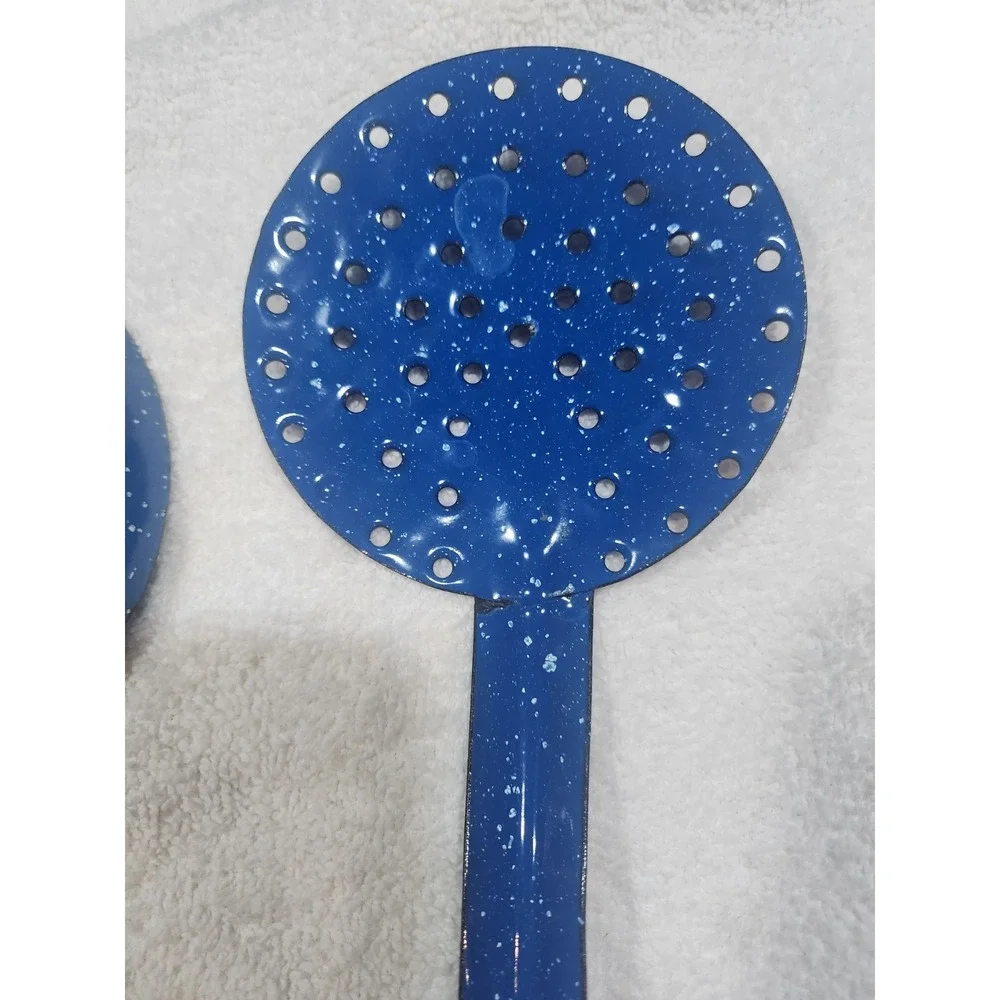 Vintage~Enamel lot~chuckwagon~blue metal splatterware~Skimmer~ Ladle~2 Spoons